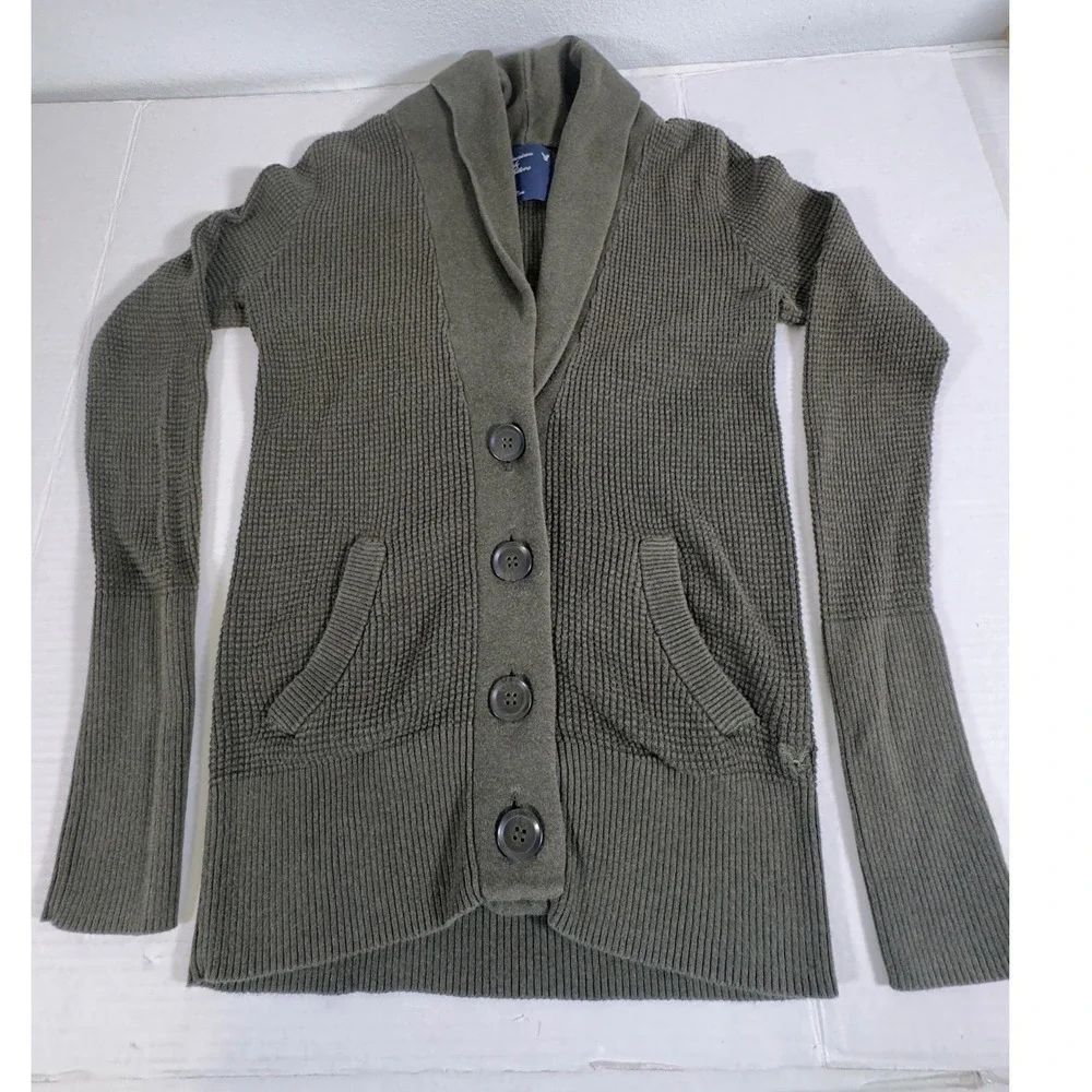 American Eagle Cardigan Mens M Olive Shawl Collar Waffle‎ Knit Gorpcore Preppy